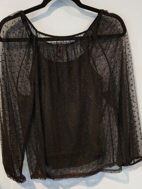 Forever 21 Black Sheer Dot Mesh Long-Sleeve Top With Cami Size 13/14